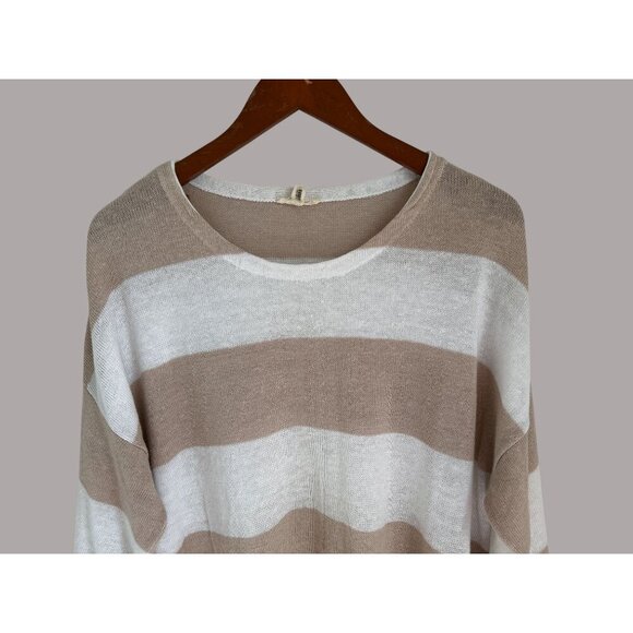 Eileen Fisher XL Organic Linen Knit Sweater Top Beige & White Striped Relaxed Fi - Picture 3 of 11